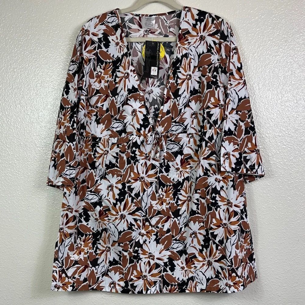 IT Figures Swimsuit Cover Women's size L Brown White Floral Empire Waist NWT's